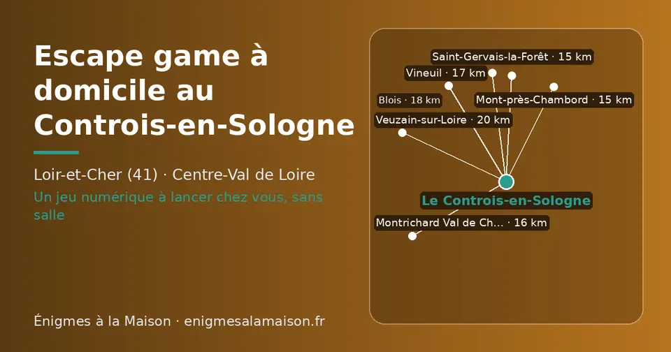 Carte schématique : Le Controis-en-Sologne et les communes voisines présentées sur ce site (Mont-près-Chambord, Saint-Gervais-la-Forêt, Montrichard Val de Cher, Vineuil, Blois, Veuzain-sur-Loire)