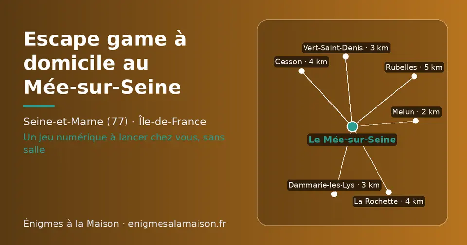 Carte schématique : Le Mée-sur-Seine et les communes voisines présentées sur ce site (Melun, Vert-Saint-Denis, Dammarie-les-Lys, La Rochette, Cesson, Rubelles)