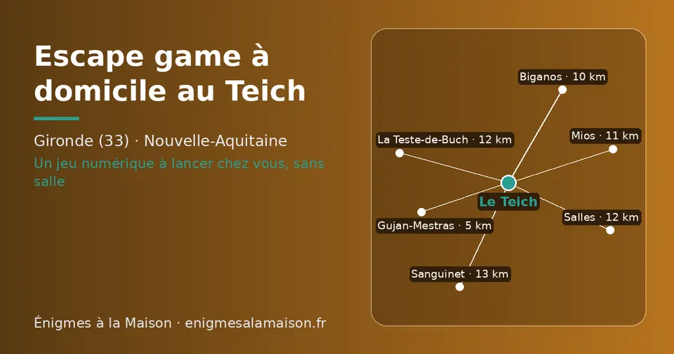Carte schématique : Le Teich et les communes voisines présentées sur ce site (Gujan-Mestras, Biganos, Mios, Salles, La Teste-de-Buch, Sanguinet)