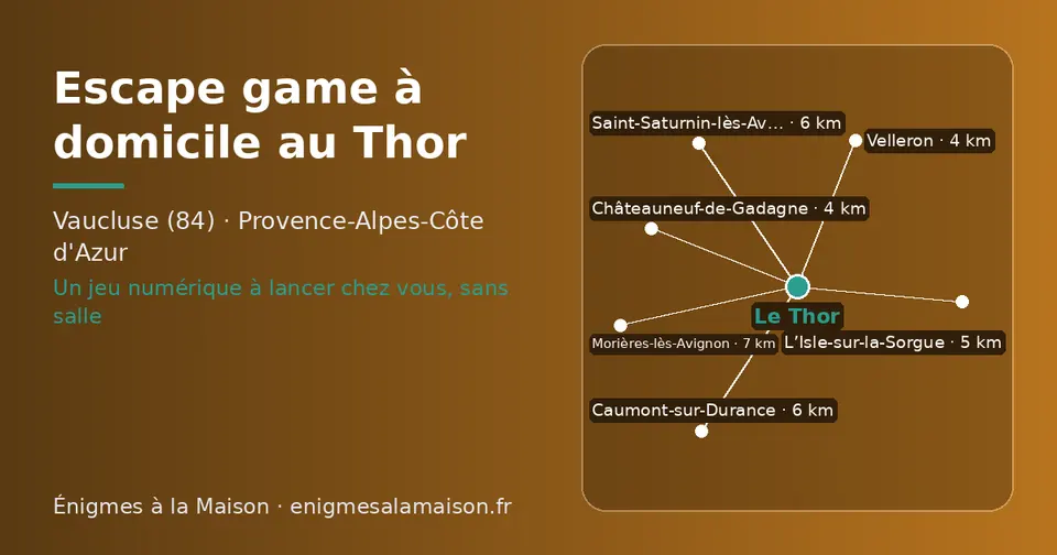 Carte schématique : Le Thor et les communes voisines présentées sur ce site (Châteauneuf-de-Gadagne, Velleron, L’Isle-sur-la-Sorgue, Caumont-sur-Durance, Saint-Saturnin-lès-Avignon, Morières-lès-Avignon)