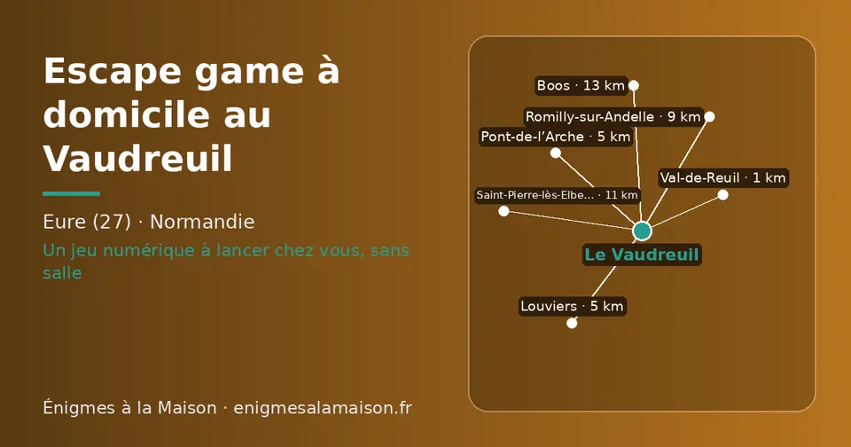 Carte schématique : Le Vaudreuil et les communes voisines présentées sur ce site (Val-de-Reuil, Pont-de-l’Arche, Louviers, Romilly-sur-Andelle, Saint-Pierre-lès-Elbeuf, Boos)