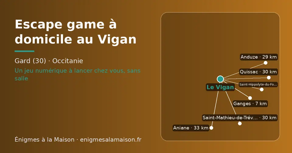 Carte schématique : Le Vigan et les communes voisines présentées sur ce site (Ganges, Saint-Hippolyte-du-Fort, Anduze, Quissac, Saint-Mathieu-de-Tréviers, Aniane)