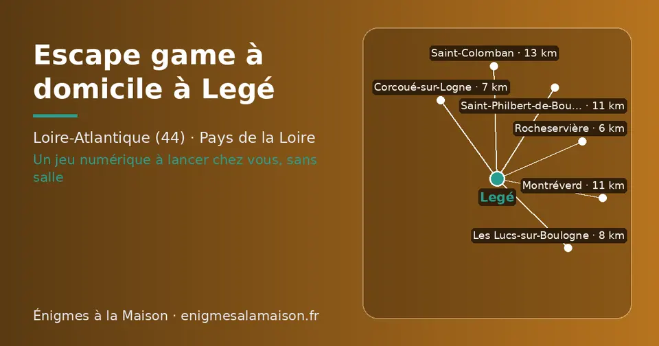 Carte schématique : Legé et les communes voisines présentées sur ce site (Rocheservière, Corcoué-sur-Logne, Les Lucs-sur-Boulogne, Montréverd, Saint-Philbert-de-Bouaine, Saint-Colomban)