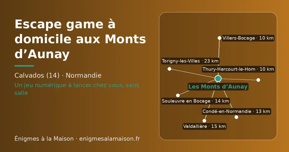 Carte schématique : Les Monts d’Aunay et les communes voisines présentées sur ce site (Thury-Harcourt-le-Hom, Villers-Bocage, Condé-en-Normandie, Souleuvre en Bocage, Valdallière, Torigny-les-Villes)