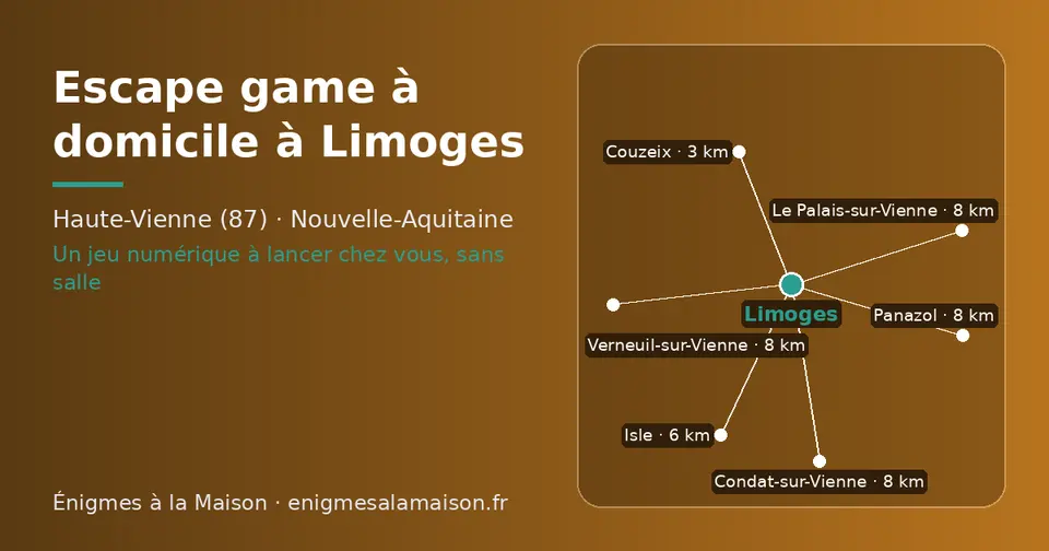 Carte schématique : Limoges et les communes voisines présentées sur ce site (Couzeix, Isle, Panazol, Condat-sur-Vienne, Le Palais-sur-Vienne, Verneuil-sur-Vienne)