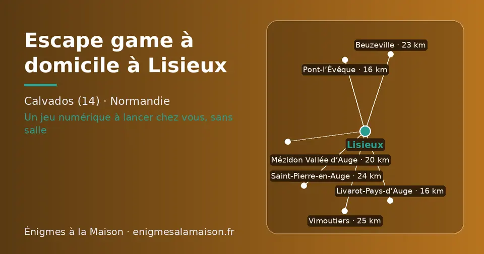 Carte schématique : Lisieux et les communes voisines présentées sur ce site (Livarot-Pays-d’Auge, Pont-l’Évêque, Mézidon Vallée d’Auge, Beuzeville, Saint-Pierre-en-Auge, Vimoutiers)