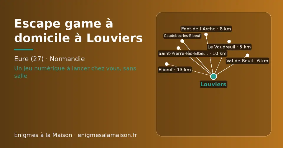 Carte schématique : Louviers et les communes voisines présentées sur ce site (Le Vaudreuil, Val-de-Reuil, Pont-de-l’Arche, Saint-Pierre-lès-Elbeuf, Caudebec-lès-Elbeuf, Elbeuf)
