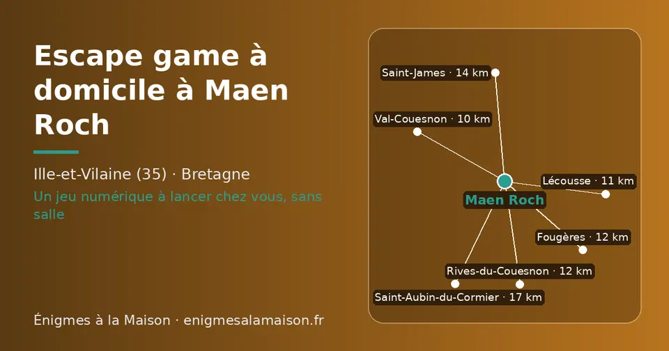 Carte schématique : Maen Roch et les communes voisines présentées sur ce site (Val-Couesnon, Lécousse, Rives-du-Couesnon, Fougères, Saint-James, Saint-Aubin-du-Cormier)