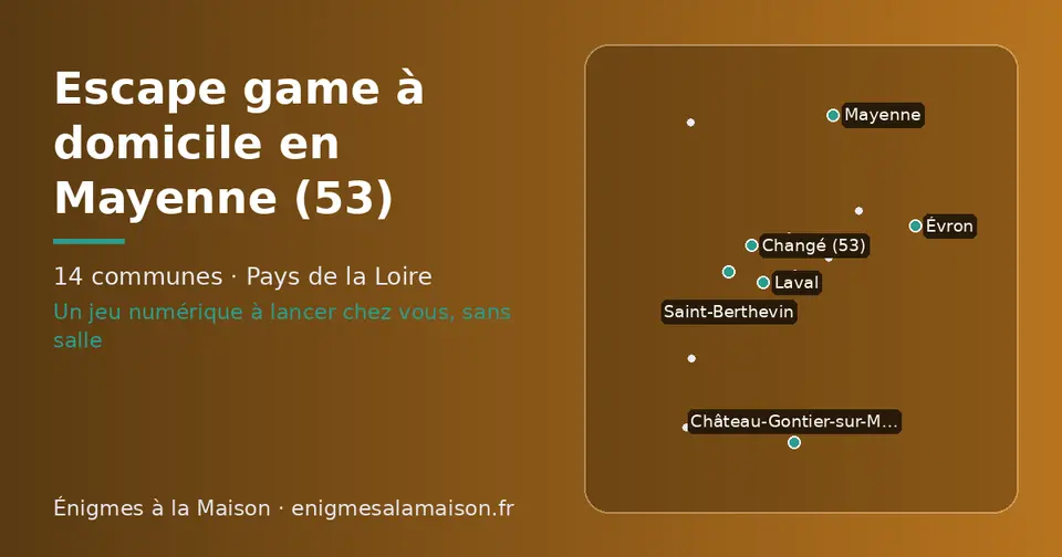 Carte schématique des 14 communes de la Mayenne présentées sur ce site