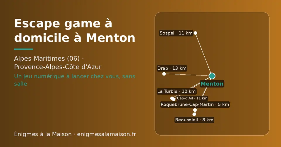 Carte schématique : Menton et les communes voisines présentées sur ce site (Roquebrune-Cap-Martin, Beausoleil, La Turbie, Sospel, Cap-d’Ail, Drap)