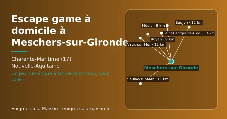 Carte schématique : Meschers-sur-Gironde et les communes voisines présentées sur ce site (Saint-Georges-de-Didonne, Médis, Royan, Soulac-sur-Mer, Vaux-sur-Mer, Saujon)