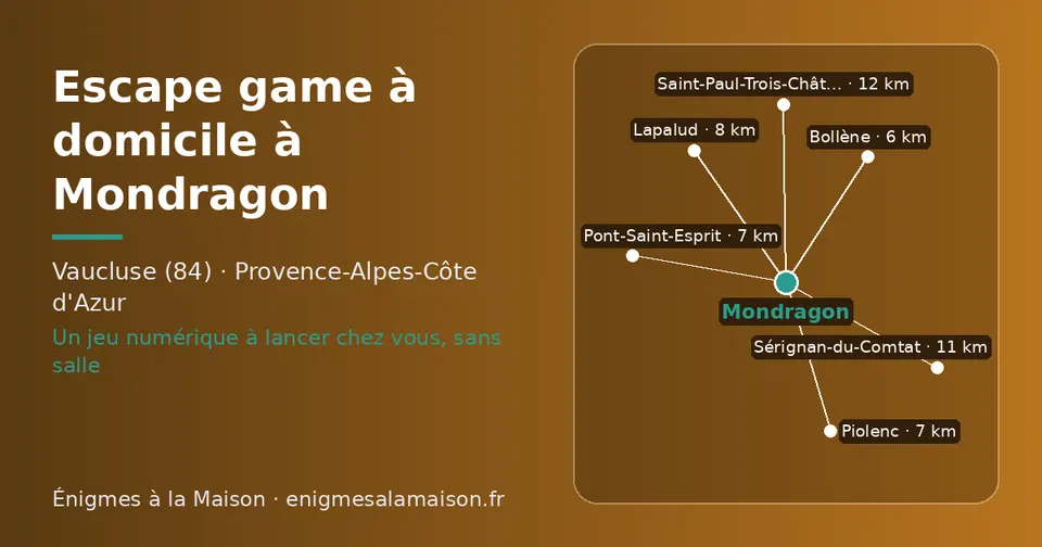 Carte schématique : Mondragon et les communes voisines présentées sur ce site (Bollène, Piolenc, Pont-Saint-Esprit, Lapalud, Sérignan-du-Comtat, Saint-Paul-Trois-Châteaux)