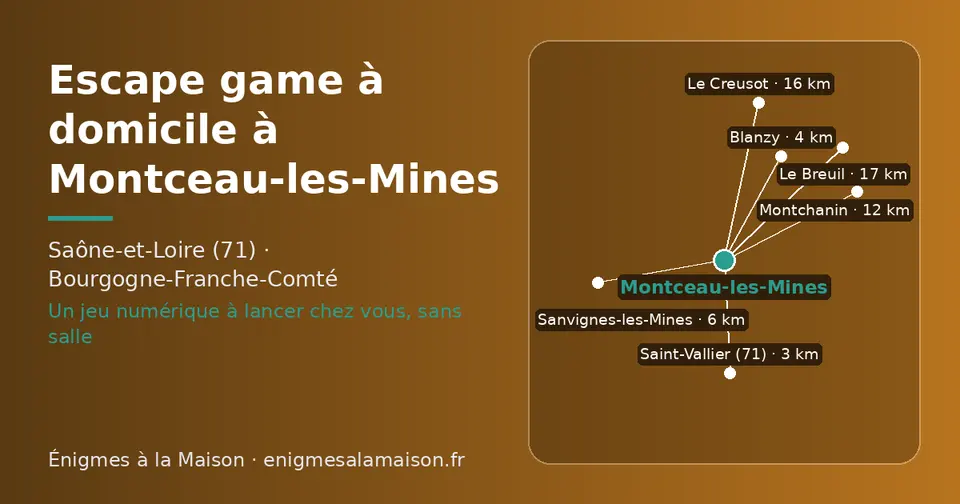 Carte schématique : Montceau-les-Mines et les communes voisines présentées sur ce site (Saint-Vallier (71), Blanzy, Sanvignes-les-Mines, Montchanin, Le Creusot, Le Breuil)