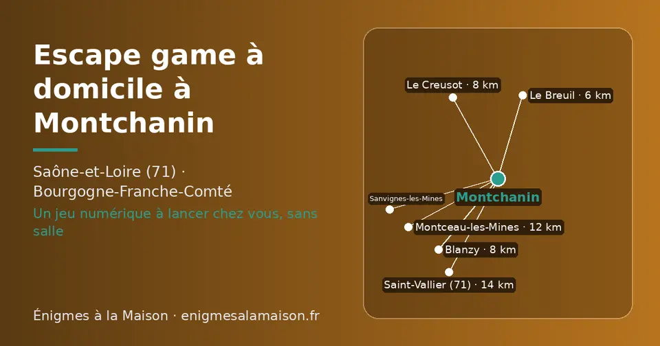 Carte schématique : Montchanin et les communes voisines présentées sur ce site (Le Breuil, Le Creusot, Blanzy, Montceau-les-Mines, Saint-Vallier (71), Sanvignes-les-Mines)
