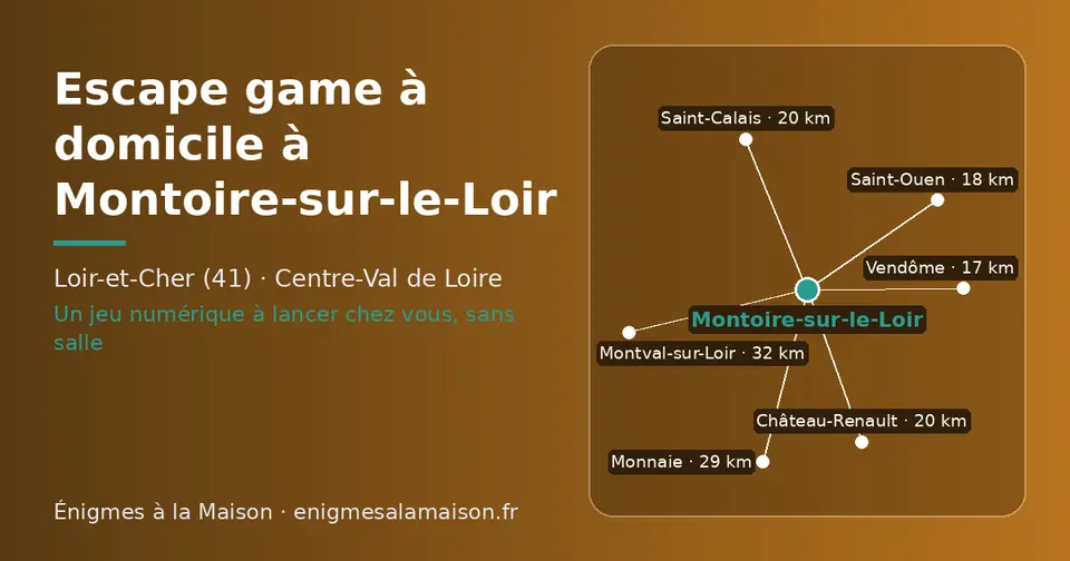 Carte schématique : Montoire-sur-le-Loir et les communes voisines présentées sur ce site (Vendôme, Saint-Ouen, Château-Renault, Saint-Calais, Monnaie, Montval-sur-Loir)