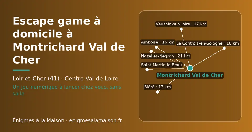 Carte schématique : Montrichard Val de Cher et les communes voisines présentées sur ce site (Amboise, Le Controis-en-Sologne, Veuzain-sur-Loire, Bléré, Nazelles-Négron, Saint-Martin-le-Beau)