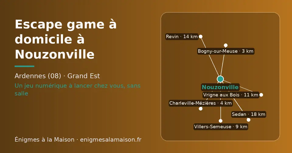 Carte schématique : Nouzonville et les communes voisines présentées sur ce site (Bogny-sur-Meuse, Charleville-Mézières, Villers-Semeuse, Vrigne aux Bois, Revin, Sedan)
