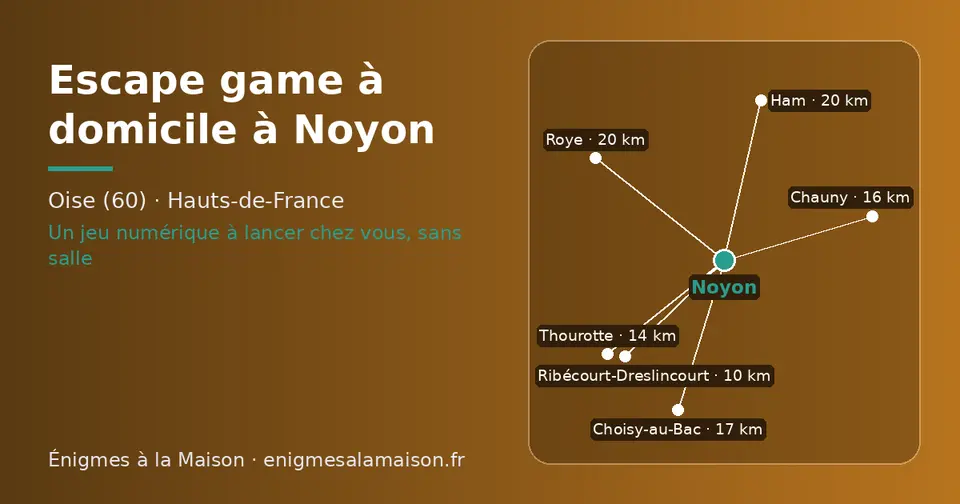 Carte schématique : Noyon et les communes voisines présentées sur ce site (Ribécourt-Dreslincourt, Thourotte, Chauny, Choisy-au-Bac, Ham, Roye)