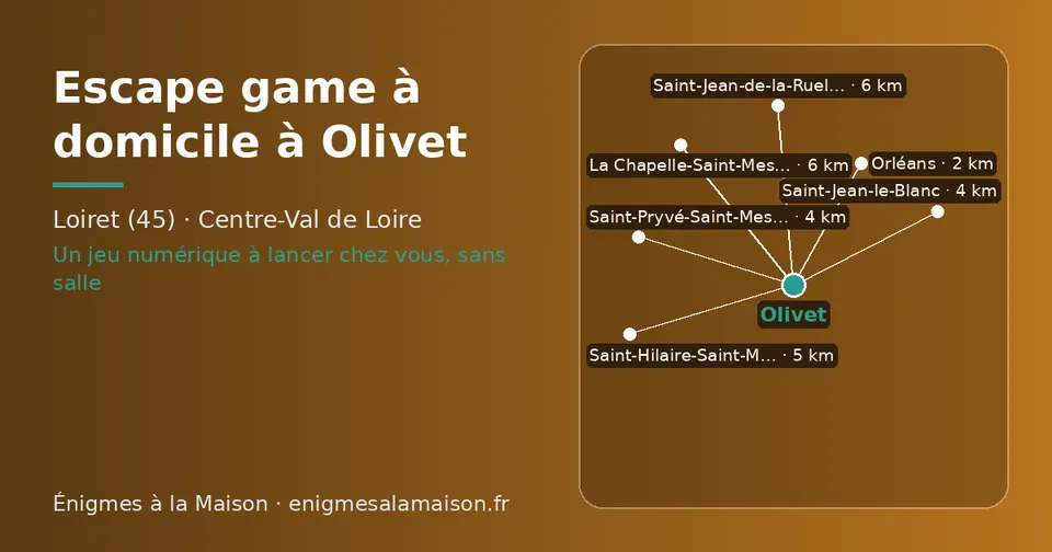 Carte schématique : Olivet et les communes voisines présentées sur ce site (Orléans, Saint-Pryvé-Saint-Mesmin, Saint-Jean-le-Blanc, Saint-Hilaire-Saint-Mesmin, La Chapelle-Saint-Mesmin, Saint-Jean-de-la-Ruelle)