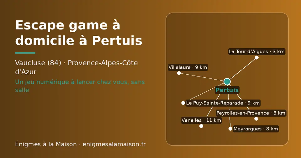 Carte schématique : Pertuis et les communes voisines présentées sur ce site (La Tour-d’Aigues, Meyrargues, Peyrolles-en-Provence, Le Puy-Sainte-Réparade, Villelaure, Venelles)