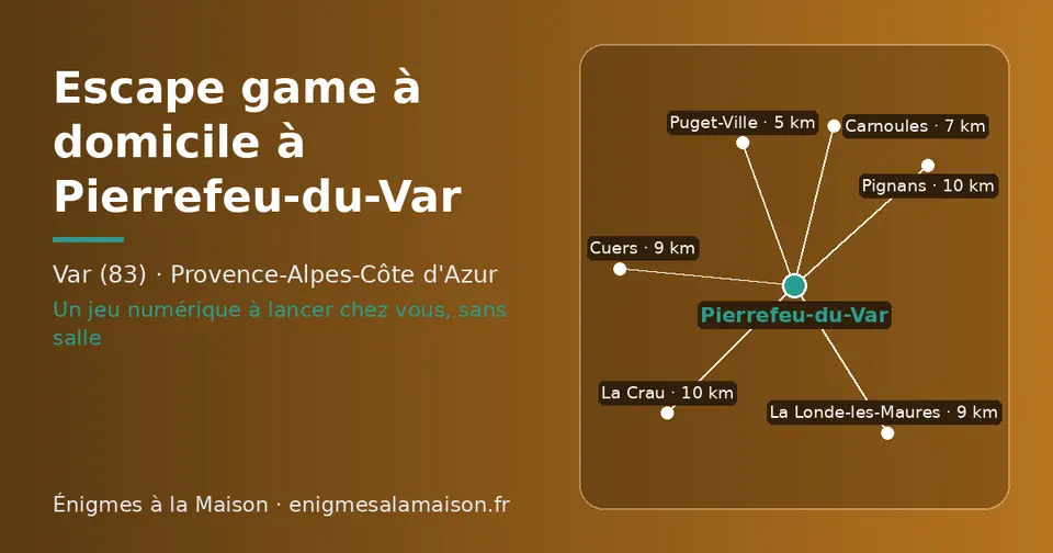 Carte schématique : Pierrefeu-du-Var et les communes voisines présentées sur ce site (Puget-Ville, Carnoules, Cuers, La Londe-les-Maures, Pignans, La Crau)