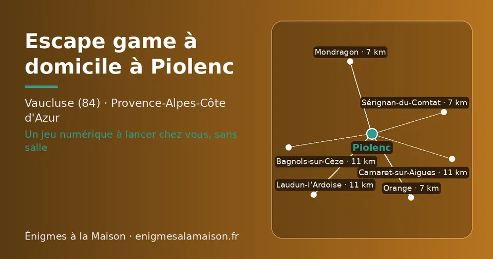 Carte schématique : Piolenc et les communes voisines présentées sur ce site (Orange, Mondragon, Sérignan-du-Comtat, Bagnols-sur-Cèze, Camaret-sur-Aigues, Laudun-l’Ardoise)