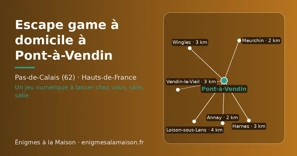 Carte schématique : Pont-à-Vendin et les communes voisines présentées sur ce site (Annay, Meurchin, Vendin-le-Vieil, Wingles, Harnes, Loison-sous-Lens)