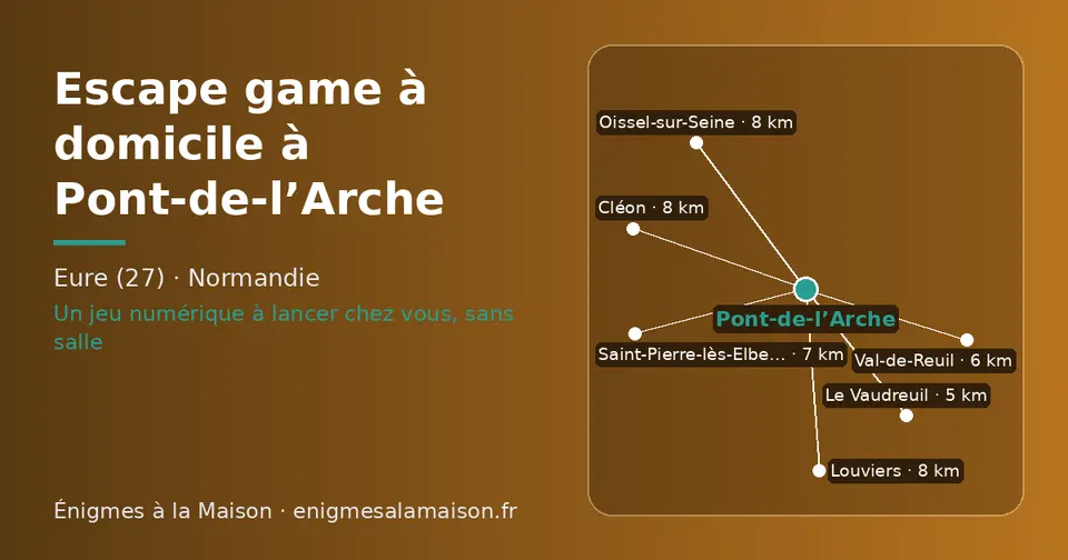 Carte schématique : Pont-de-l’Arche et les communes voisines présentées sur ce site (Le Vaudreuil, Val-de-Reuil, Saint-Pierre-lès-Elbeuf, Louviers, Oissel-sur-Seine, Cléon)
