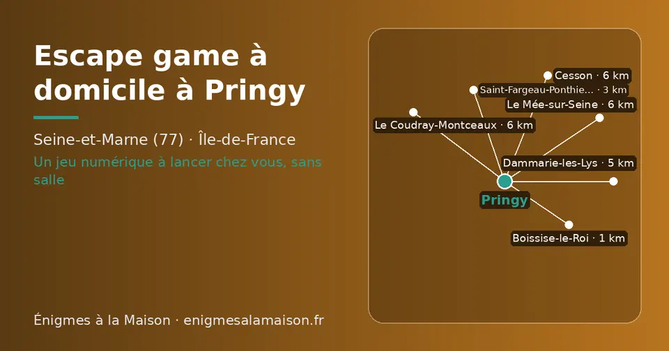 Carte schématique : Pringy et les communes voisines présentées sur ce site (Boissise-le-Roi, Saint-Fargeau-Ponthierry, Dammarie-les-Lys, Le Coudray-Montceaux, Le Mée-sur-Seine, Cesson)