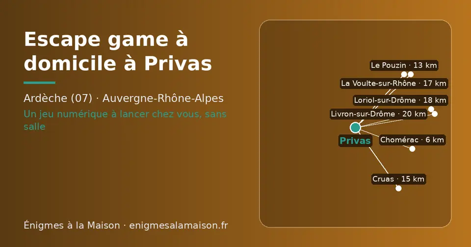 Carte schématique : Privas et les communes voisines présentées sur ce site (Chomérac, Le Pouzin, Cruas, La Voulte-sur-Rhône, Loriol-sur-Drôme, Livron-sur-Drôme)