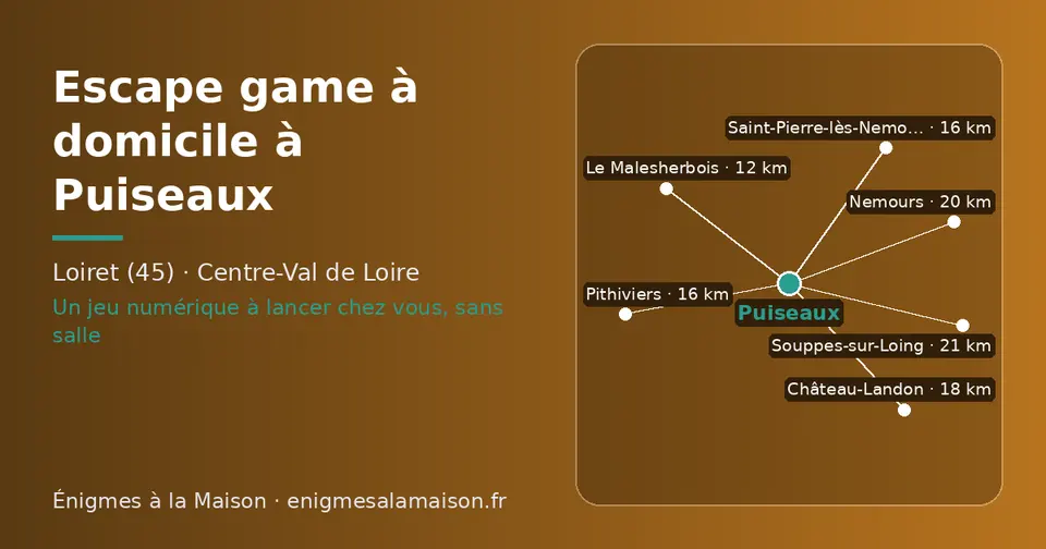 Carte schématique : Puiseaux et les communes voisines présentées sur ce site (Le Malesherbois, Saint-Pierre-lès-Nemours, Pithiviers, Château-Landon, Nemours, Souppes-sur-Loing)
