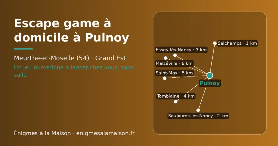 Carte schématique : Pulnoy et les communes voisines présentées sur ce site (Seichamps, Saulxures-lès-Nancy, Essey-lès-Nancy, Tomblaine, Saint-Max, Malzéville)