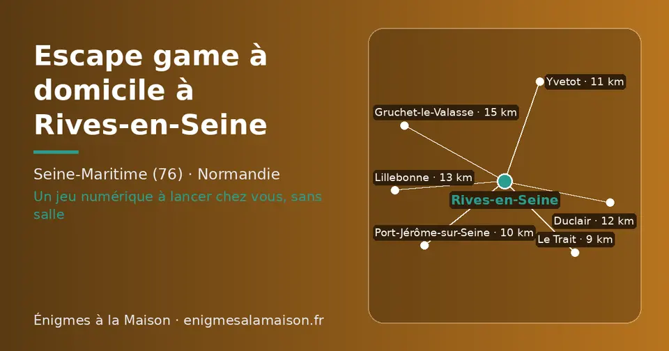 Carte schématique : Rives-en-Seine et les communes voisines présentées sur ce site (Le Trait, Port-Jérôme-sur-Seine, Yvetot, Duclair, Lillebonne, Gruchet-le-Valasse)