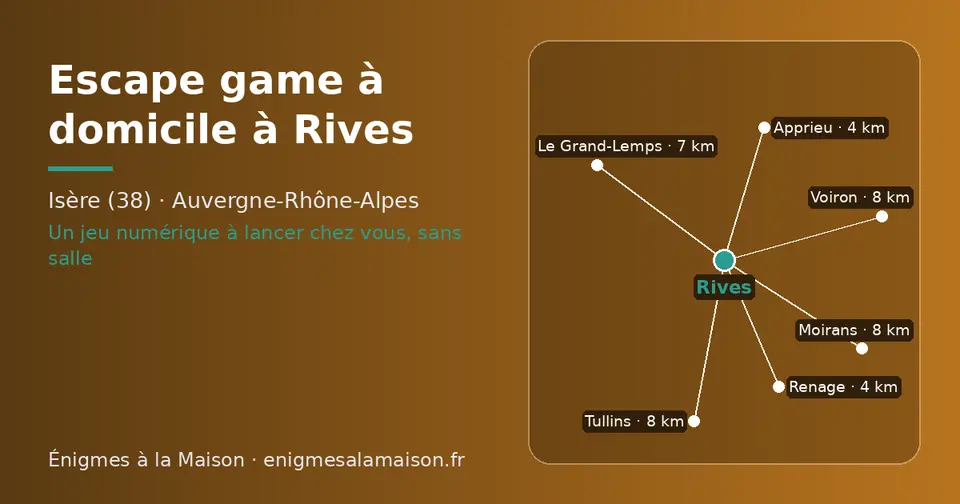 Carte schématique : Rives et les communes voisines présentées sur ce site (Renage, Apprieu, Le Grand-Lemps, Tullins, Moirans, Voiron)