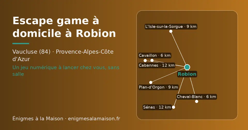 Carte schématique : Robion et les communes voisines présentées sur ce site (Cavaillon, Cheval-Blanc, Plan-d’Orgon, L’Isle-sur-la-Sorgue, Sénas, Cabannes)