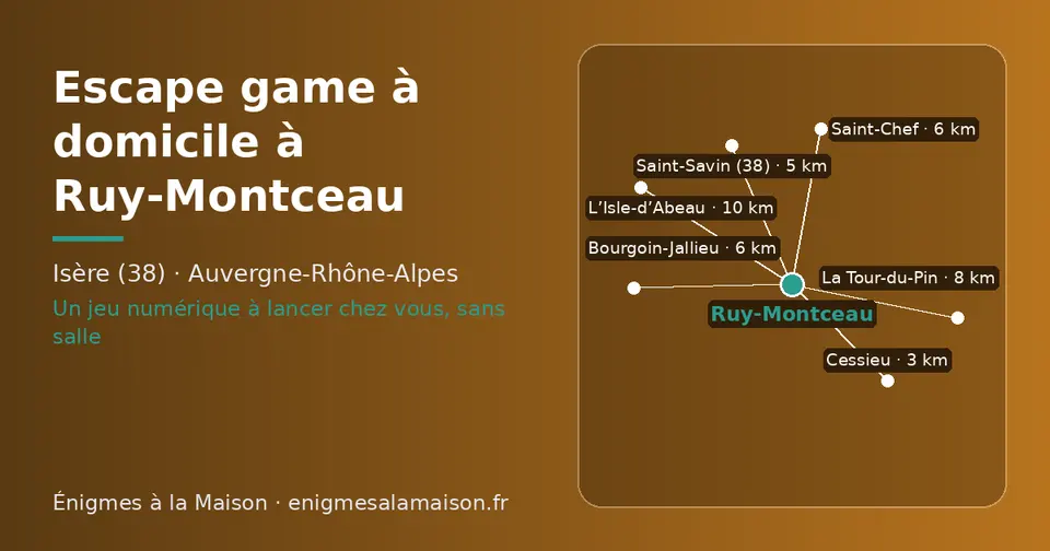 Carte schématique : Ruy-Montceau et les communes voisines présentées sur ce site (Cessieu, Saint-Savin (38), Saint-Chef, Bourgoin-Jallieu, La Tour-du-Pin, L’Isle-d’Abeau)