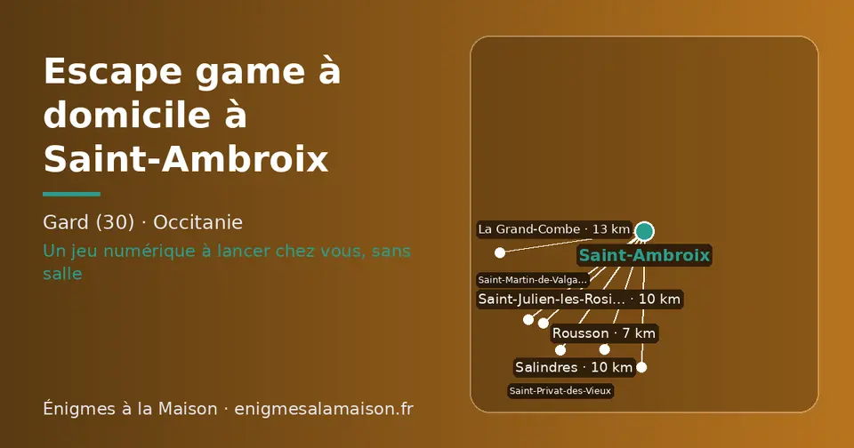 Carte schématique : Saint-Ambroix et les communes voisines présentées sur ce site (Rousson, Saint-Julien-les-Rosiers, Salindres, Saint-Martin-de-Valgalgues, Saint-Privat-des-Vieux, La Grand-Combe)