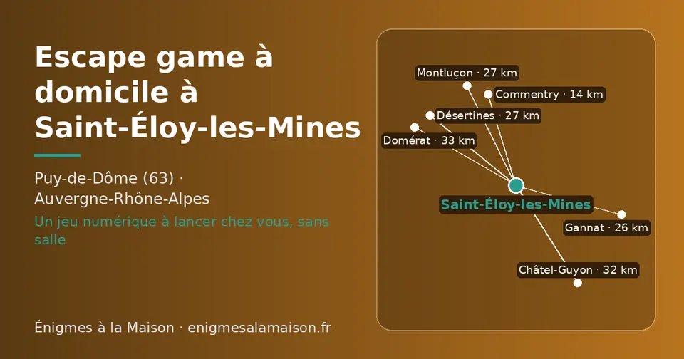 Carte schématique : Saint-Éloy-les-Mines et les communes voisines présentées sur ce site (Commentry, Gannat, Montluçon, Désertines, Châtel-Guyon, Domérat)
