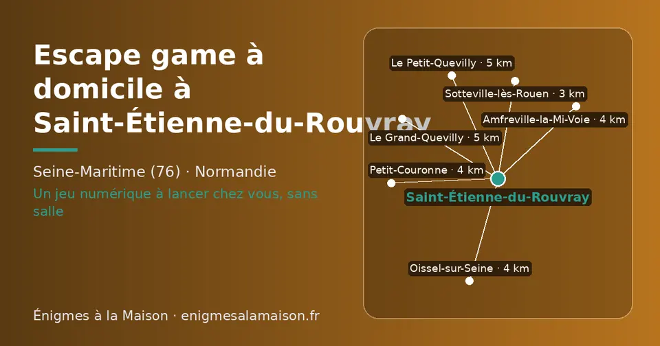 Carte schématique : Saint-Étienne-du-Rouvray et les communes voisines présentées sur ce site (Sotteville-lès-Rouen, Amfreville-la-Mi-Voie, Petit-Couronne, Oissel-sur-Seine, Le Grand-Quevilly, Le Petit-Quevilly)