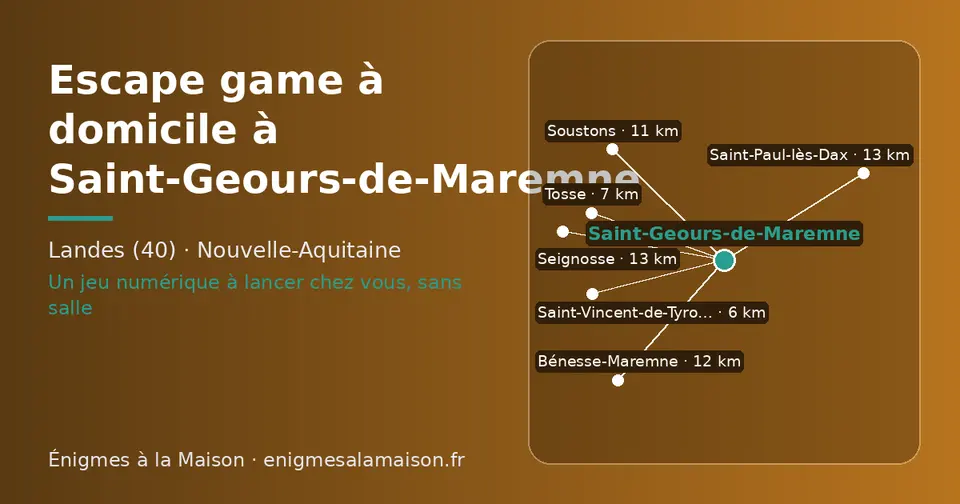 Carte schématique : Saint-Geours-de-Maremne et les communes voisines présentées sur ce site (Saint-Vincent-de-Tyrosse, Tosse, Soustons, Bénesse-Maremne, Seignosse, Saint-Paul-lès-Dax)