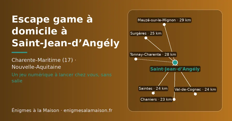 Carte schématique : Saint-Jean-d’Angély et les communes voisines présentées sur ce site (Chaniers, Saintes, Val-de-Cognac, Surgères, Tonnay-Charente, Mauzé-sur-le-Mignon)