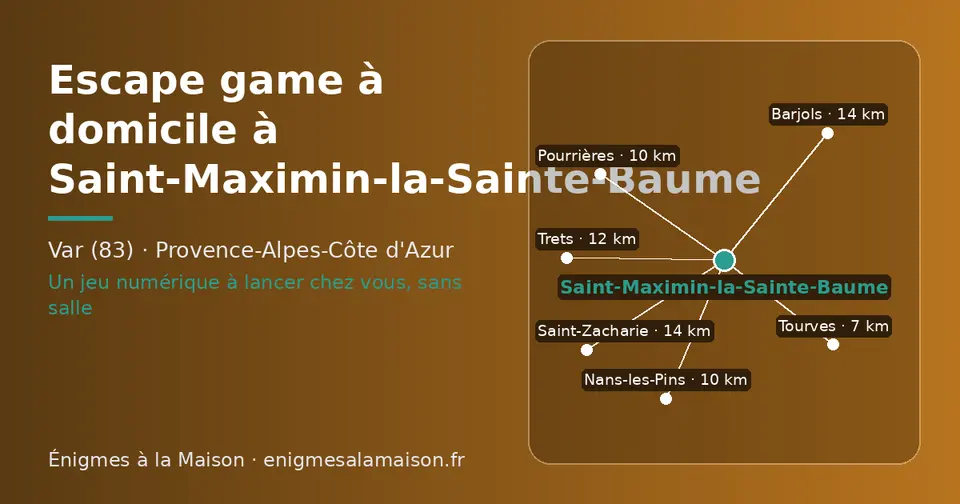 Carte schématique : Saint-Maximin-la-Sainte-Baume et les communes voisines présentées sur ce site (Tourves, Nans-les-Pins, Pourrières, Trets, Saint-Zacharie, Barjols)
