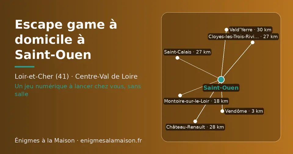 Carte schématique : Saint-Ouen et les communes voisines présentées sur ce site (Vendôme, Montoire-sur-le-Loir, Cloyes-les-Trois-Rivières, Saint-Calais, Château-Renault, Vald’Yerre)