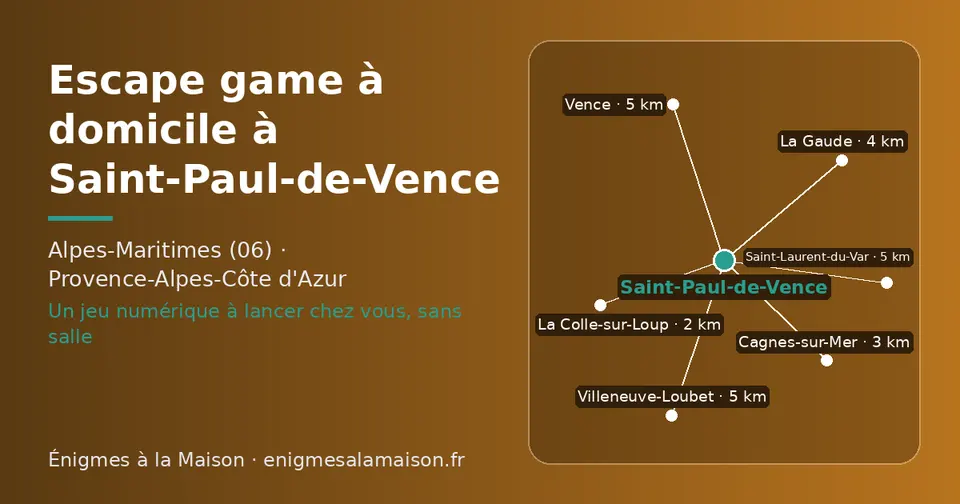 Carte schématique : Saint-Paul-de-Vence et les communes voisines présentées sur ce site (La Colle-sur-Loup, Cagnes-sur-Mer, La Gaude, Saint-Laurent-du-Var, Vence, Villeneuve-Loubet)