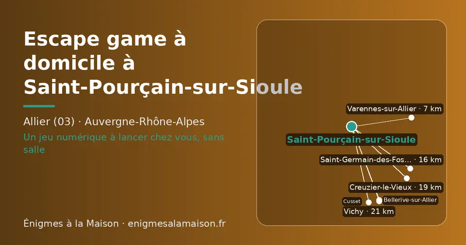 Carte schématique : Saint-Pourçain-sur-Sioule et les communes voisines présentées sur ce site (Varennes-sur-Allier, Saint-Germain-des-Fossés, Creuzier-le-Vieux, Vichy, Bellerive-sur-Allier, Cusset)