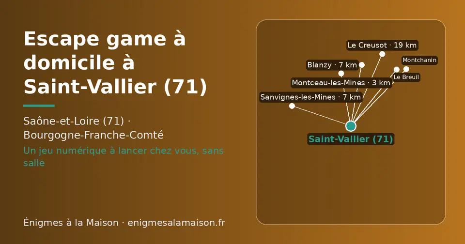 Carte schématique : Saint-Vallier (71) et les communes voisines présentées sur ce site (Montceau-les-Mines, Sanvignes-les-Mines, Blanzy, Montchanin, Le Creusot, Le Breuil)