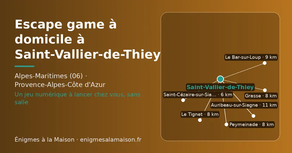 Carte schématique : Saint-Vallier-de-Thiey et les communes voisines présentées sur ce site (Saint-Cézaire-sur-Siagne, Peymeinade, Le Tignet, Grasse, Le Bar-sur-Loup, Auribeau-sur-Siagne)