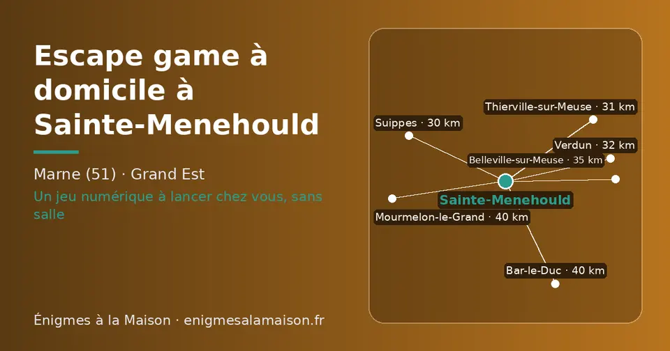 Carte schématique : Sainte-Menehould et les communes voisines présentées sur ce site (Suippes, Thierville-sur-Meuse, Verdun, Belleville-sur-Meuse, Bar-le-Duc, Mourmelon-le-Grand)
