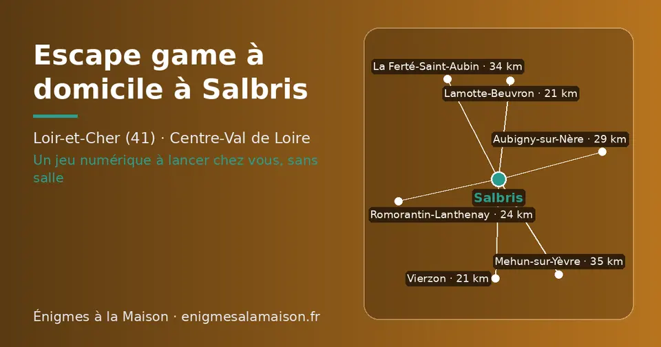 Carte schématique : Salbris et les communes voisines présentées sur ce site (Lamotte-Beuvron, Vierzon, Romorantin-Lanthenay, Aubigny-sur-Nère, La Ferté-Saint-Aubin, Mehun-sur-Yèvre)