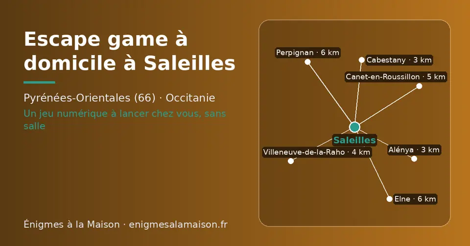 Carte schématique : Saleilles et les communes voisines présentées sur ce site (Cabestany, Alénya, Villeneuve-de-la-Raho, Canet-en-Roussillon, Elne, Perpignan)